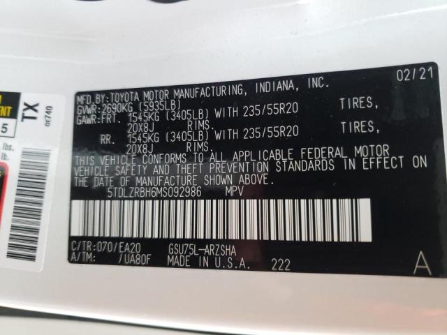 Photo 10 from auction – 2021 TOYOTA HIGHLANDER with VIN 5TDLZRBH6MS092986