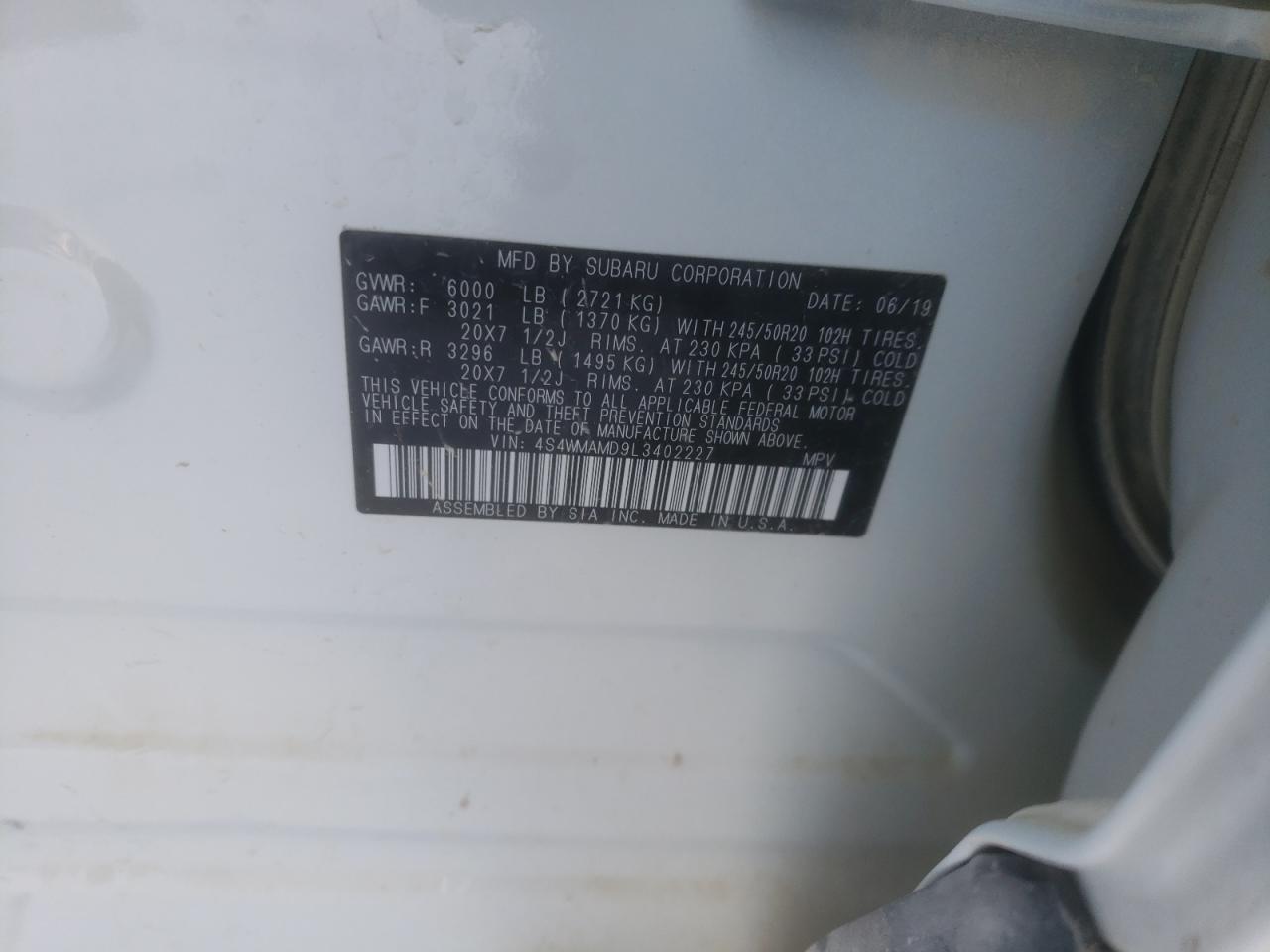 Photo 10 from auction – 2020 SUBARU ASCENT LIM with VIN 4S4WMAMD9L3402227