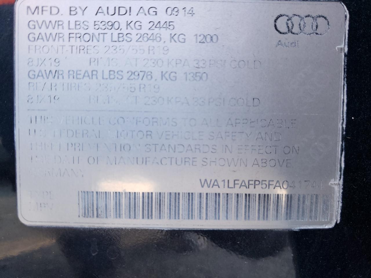 Photo 10 from auction – 2015 AUDI Q5 PREMIUM with VIN WA1LFAFP5FA041744