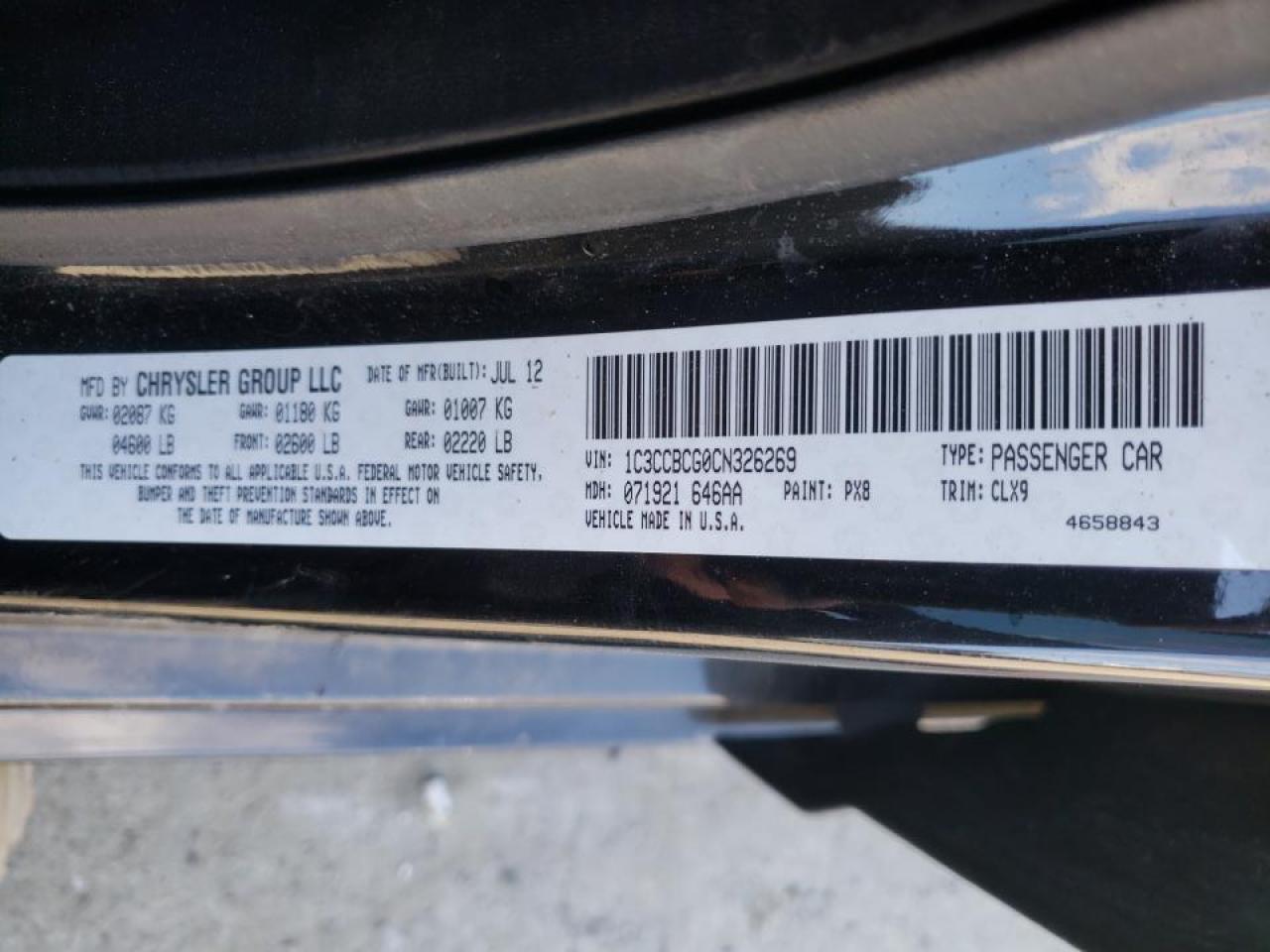 Photo 10 from auction – 2012 CHRYSLER 200 LIMITE with VIN 1C3CCBCG0CN326269