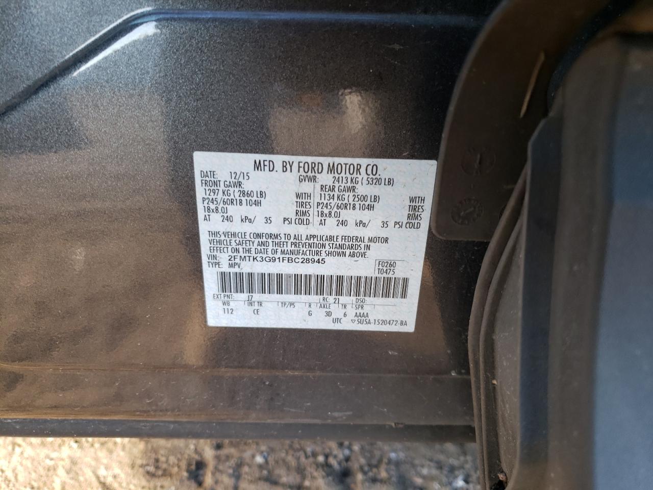 Photo 10 from auction – 2015 FORD EDGE SE with VIN 2FMTK3G91FBC28945