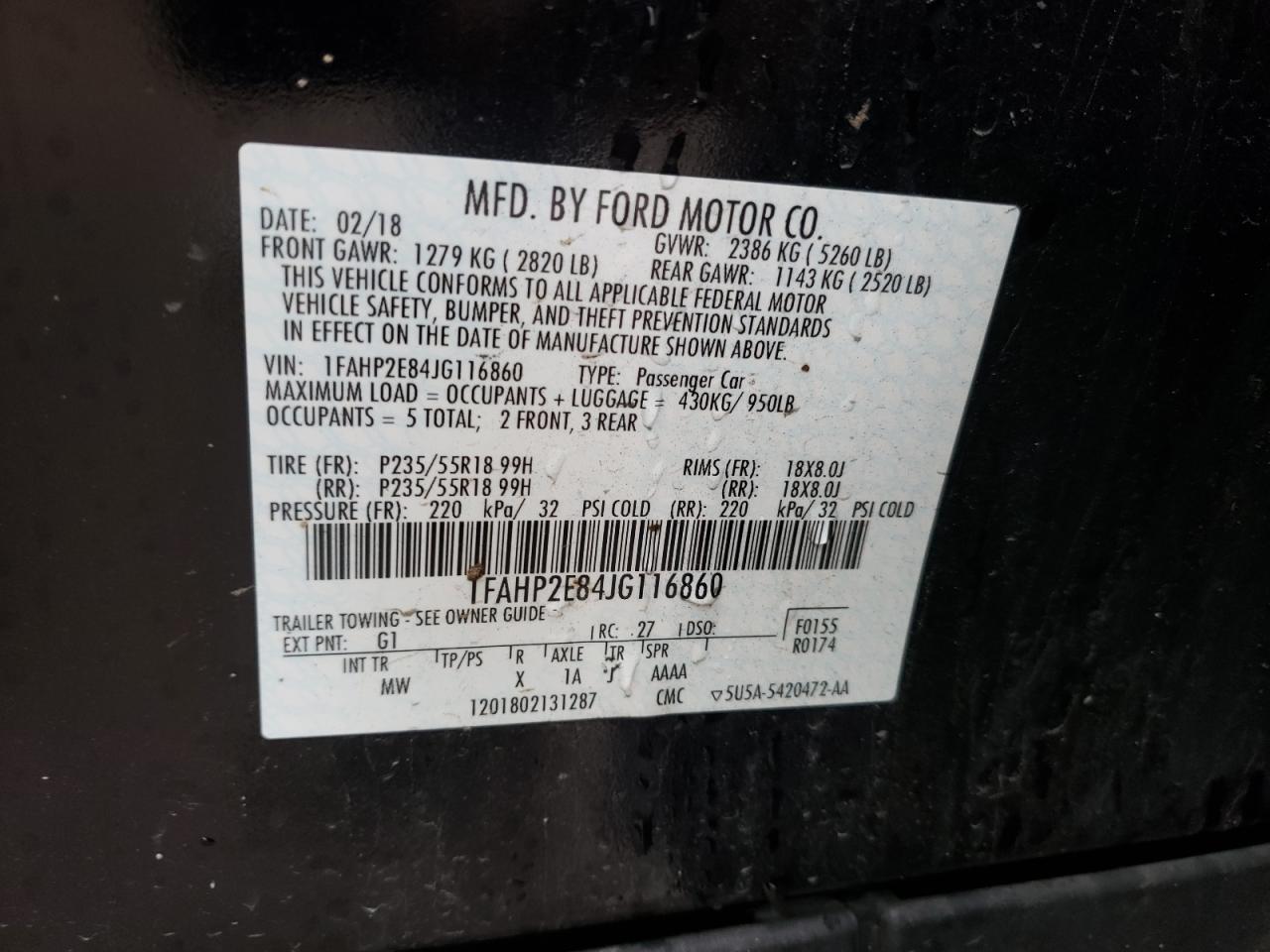 Photo 10 from auction – 2018 FORD TAURUS SEL with VIN 1FAHP2E84JG116860