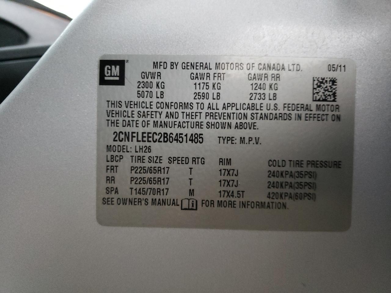 Photo 10 from auction – 2011 CHEVROLET EQUINOX LT with VIN 2CNFLEEC2B6451485