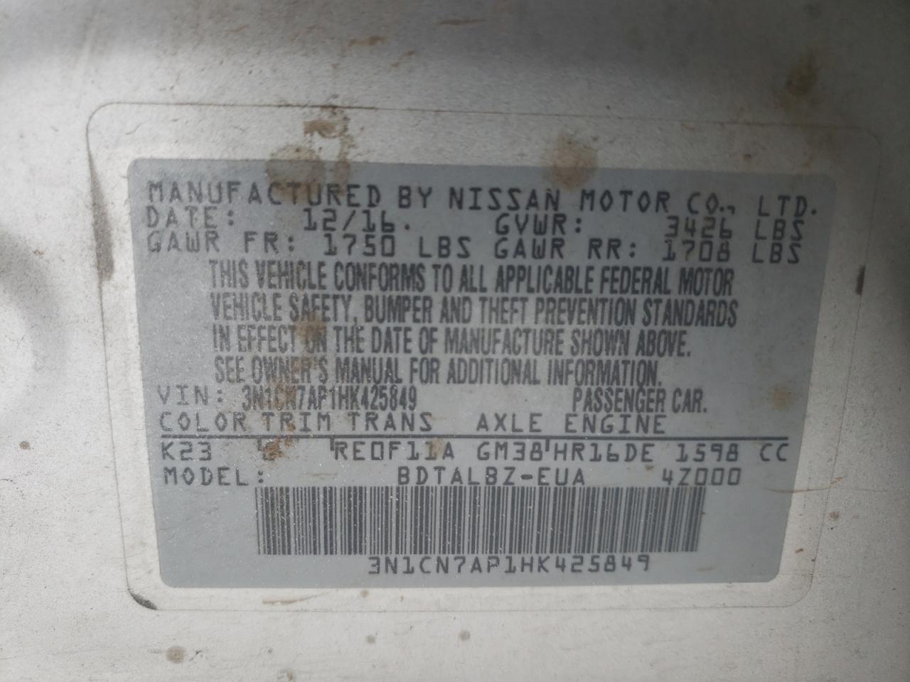 Photo 10 from auction – 2017 NISSAN VERSA S with VIN 3N1CN7AP1HK425849