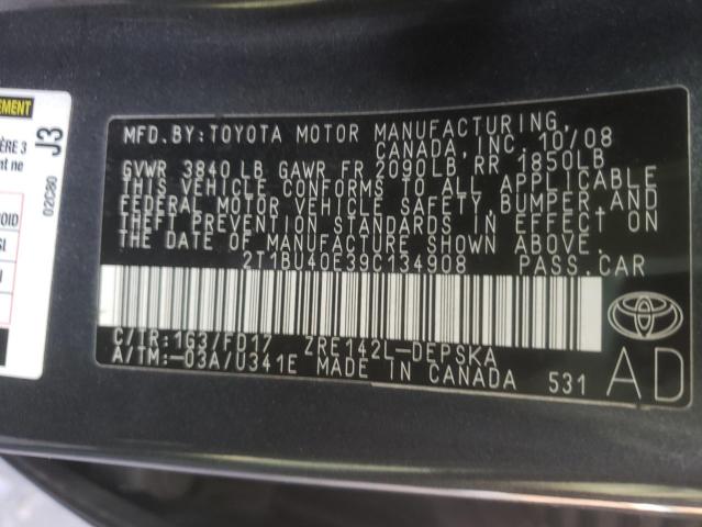 Photo 10 from auction – 2009 TOYOTA COROLLA BA with VIN 2T1BU40E39C134908