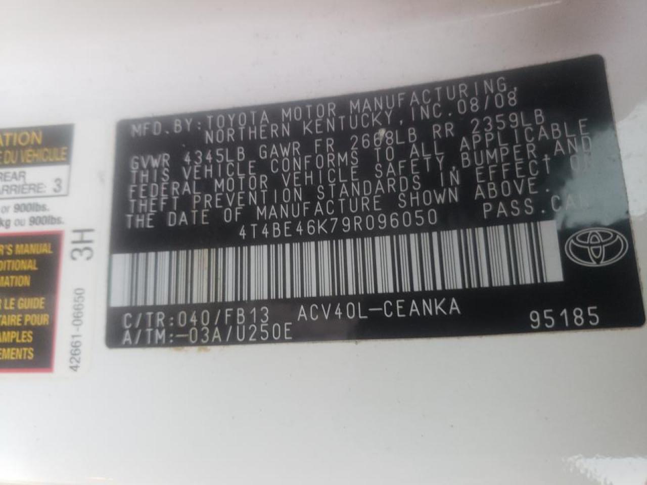 Photo 10 from auction – 2009 TOYOTA CAMRY BASE with VIN 4T4BE46K79R096050