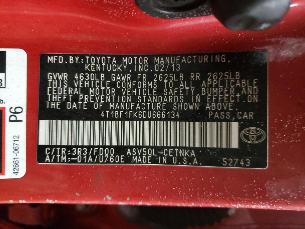 Photo 10 from auction – 2013 TOYOTA CAMRY LE with VIN 4T1BF1FK6DU666134
