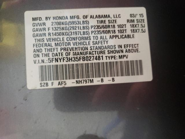 Photo 10 from auction – 2015 HONDA PILOT SE with VIN 5FNYF3H35FB027481