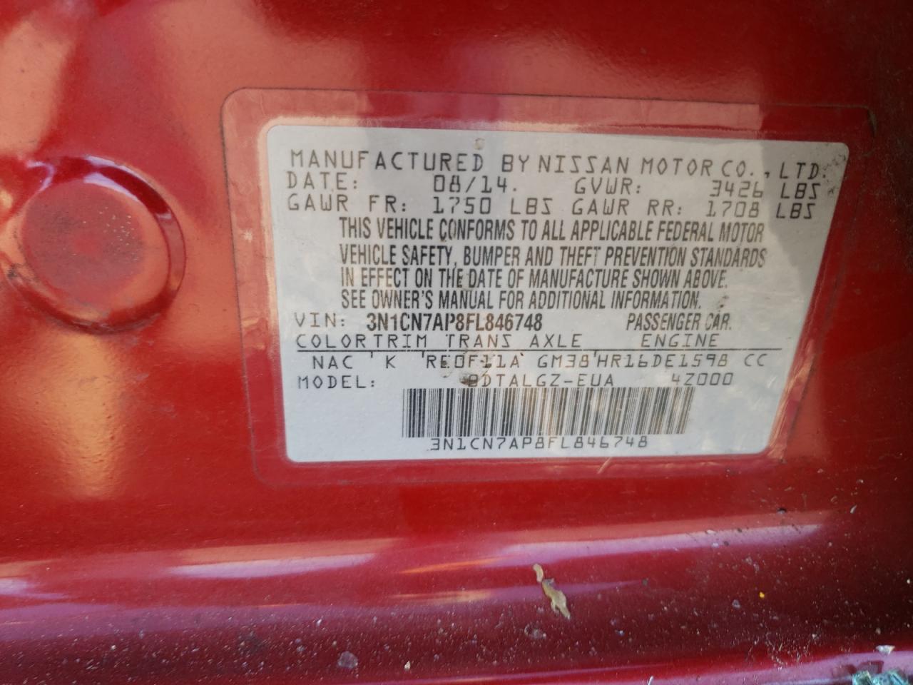 Photo 10 from auction – 2015 NISSAN VERSA S with VIN 3N1CN7AP8FL846748