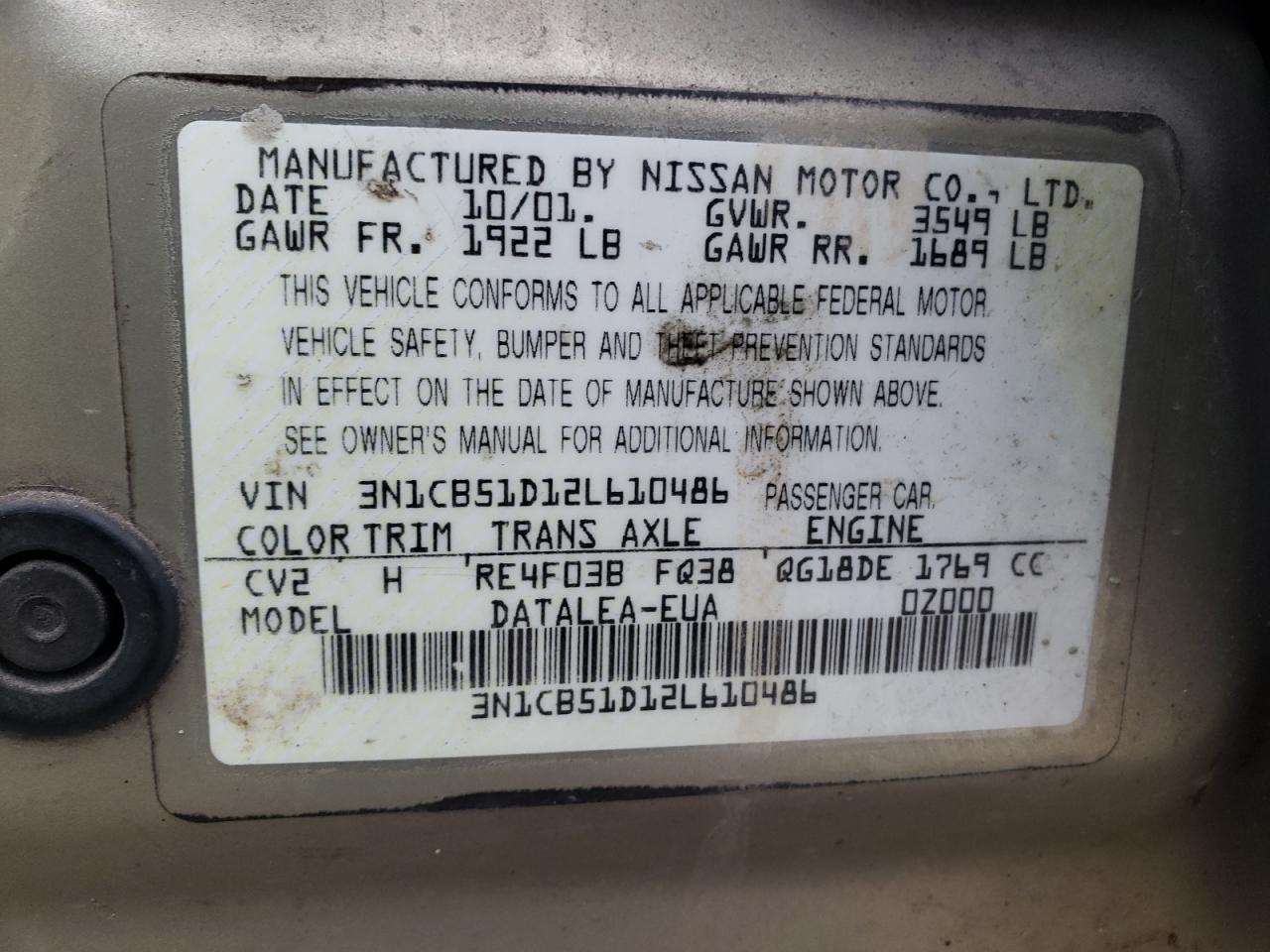 Photo 10 from auction – 2002 NISSAN SENTRA XE with VIN 3N1CB51D12L610486