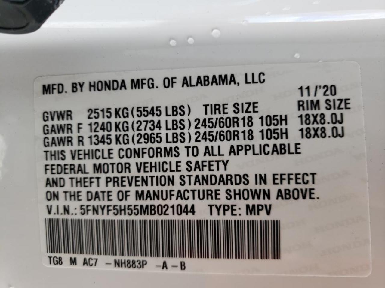Photo 10 from auction – 2021 HONDA PILOT EXL with VIN 5FNYF5H55MB021044