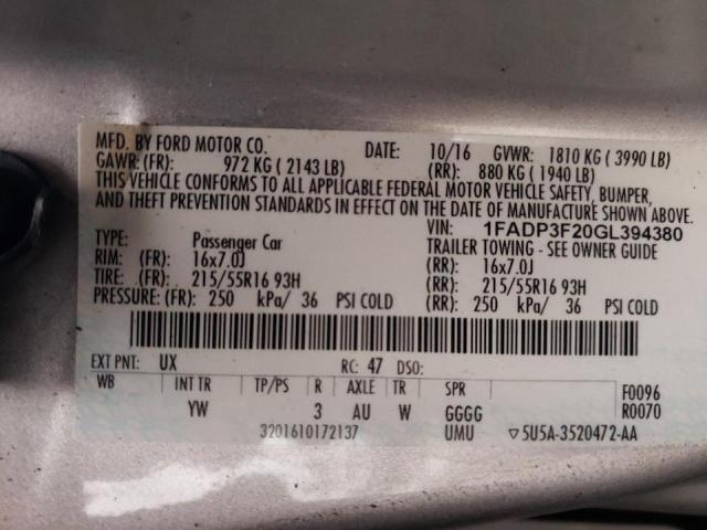 Photo 10 from auction – 2016 FORD FOCUS SE with VIN 1FADP3F20GL394380