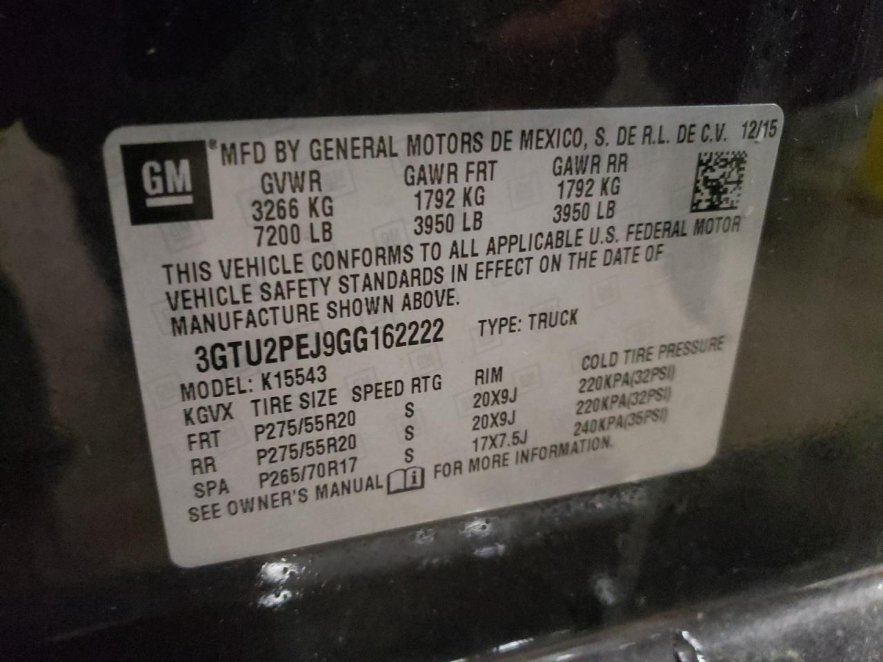Photo 10 from auction – 2016 GMC SIERRA K15 with VIN 3GTU2PEJ9GG162222