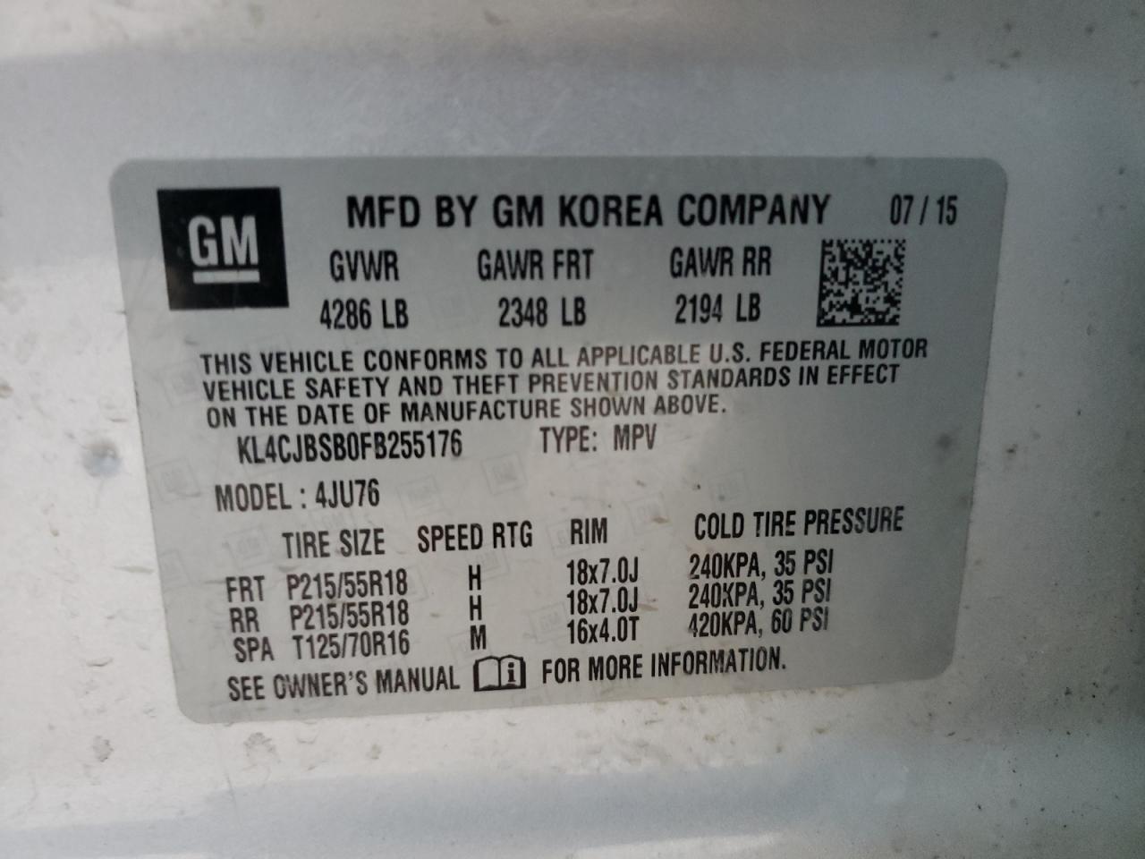 Photo 10 from auction – 2015 BUICK ENCORE CON with VIN KL4CJBSB0FB255176
