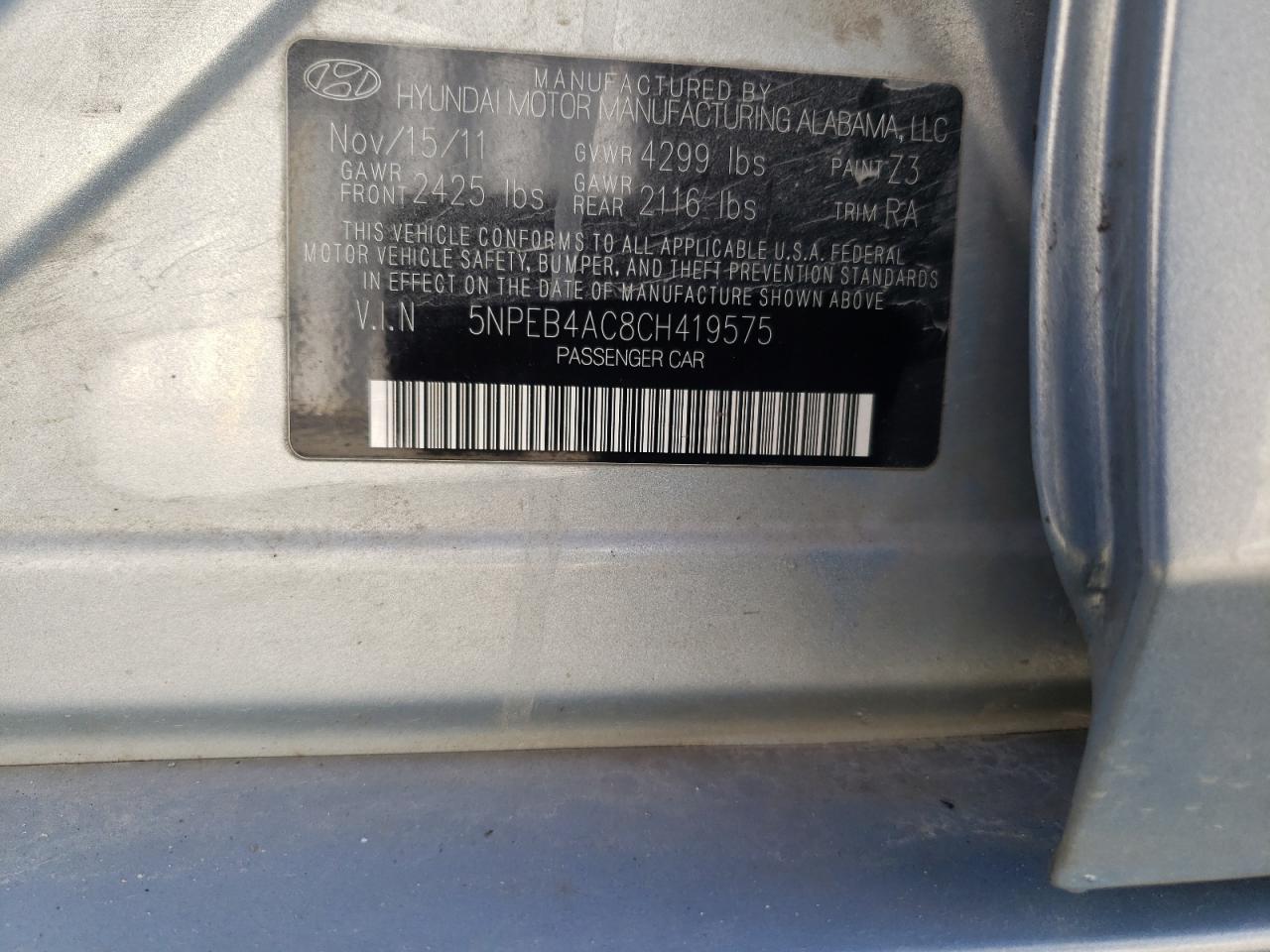 Photo 10 from auction – 2012 HYUNDAI SONATA GLS with VIN 5NPEB4AC8CH419575