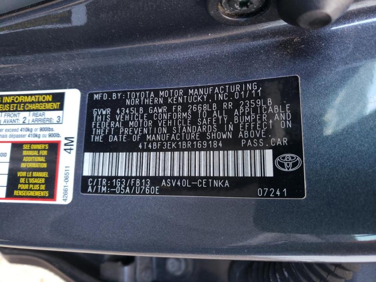 Photo 10 from auction – 2011 TOYOTA CAMRY BASE with VIN 4T4BF3EK1BR169184
