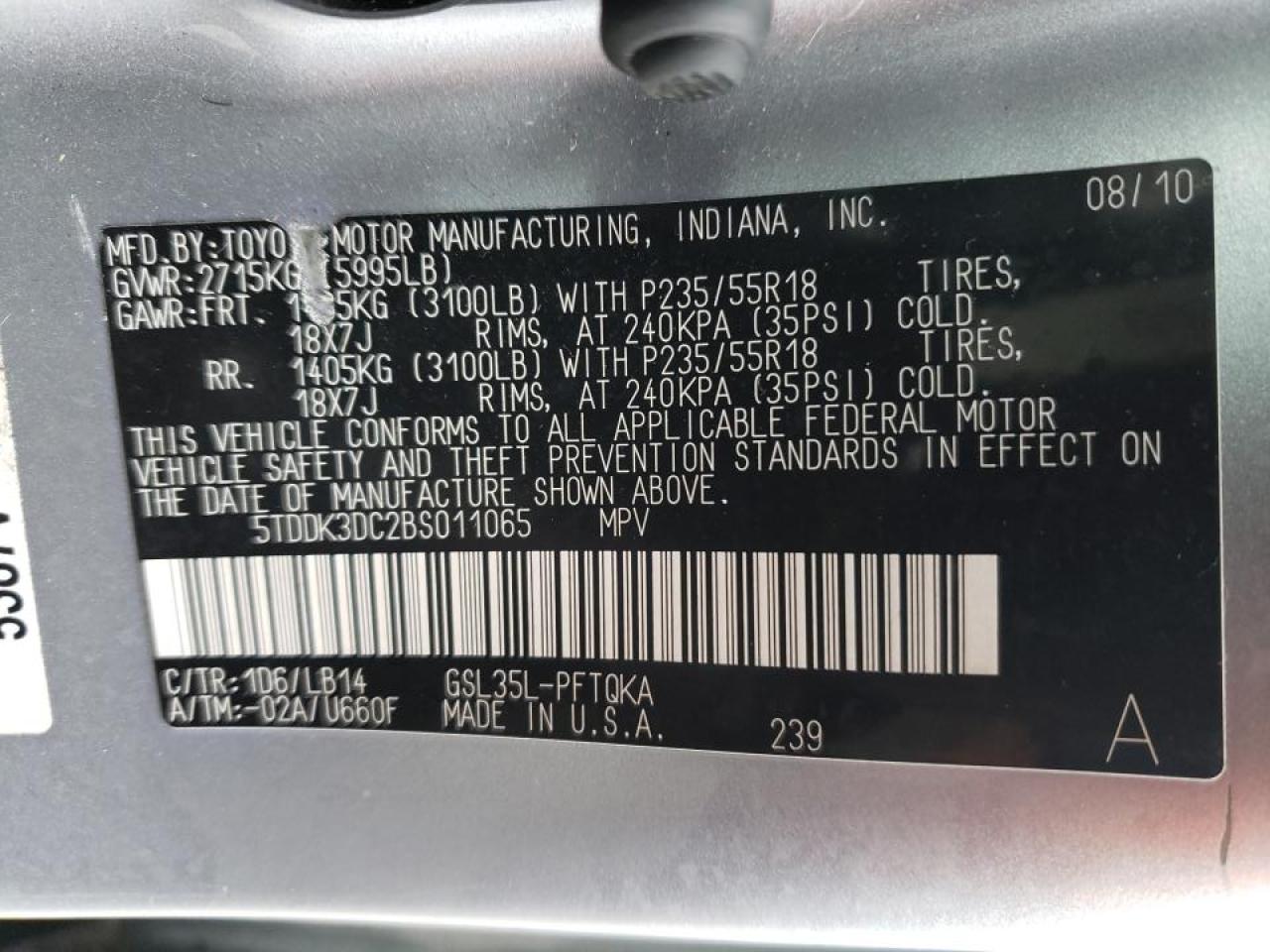 Photo 10 from auction – 2011 TOYOTA SIENNA XLE with VIN 5TDDK3DC2BS011065