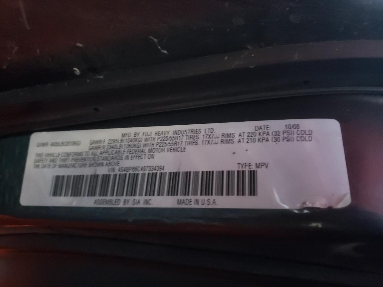 Photo 10 from auction – 2009 SUBARU OUTBACK 2. with VIN 4S4BP66C497334394