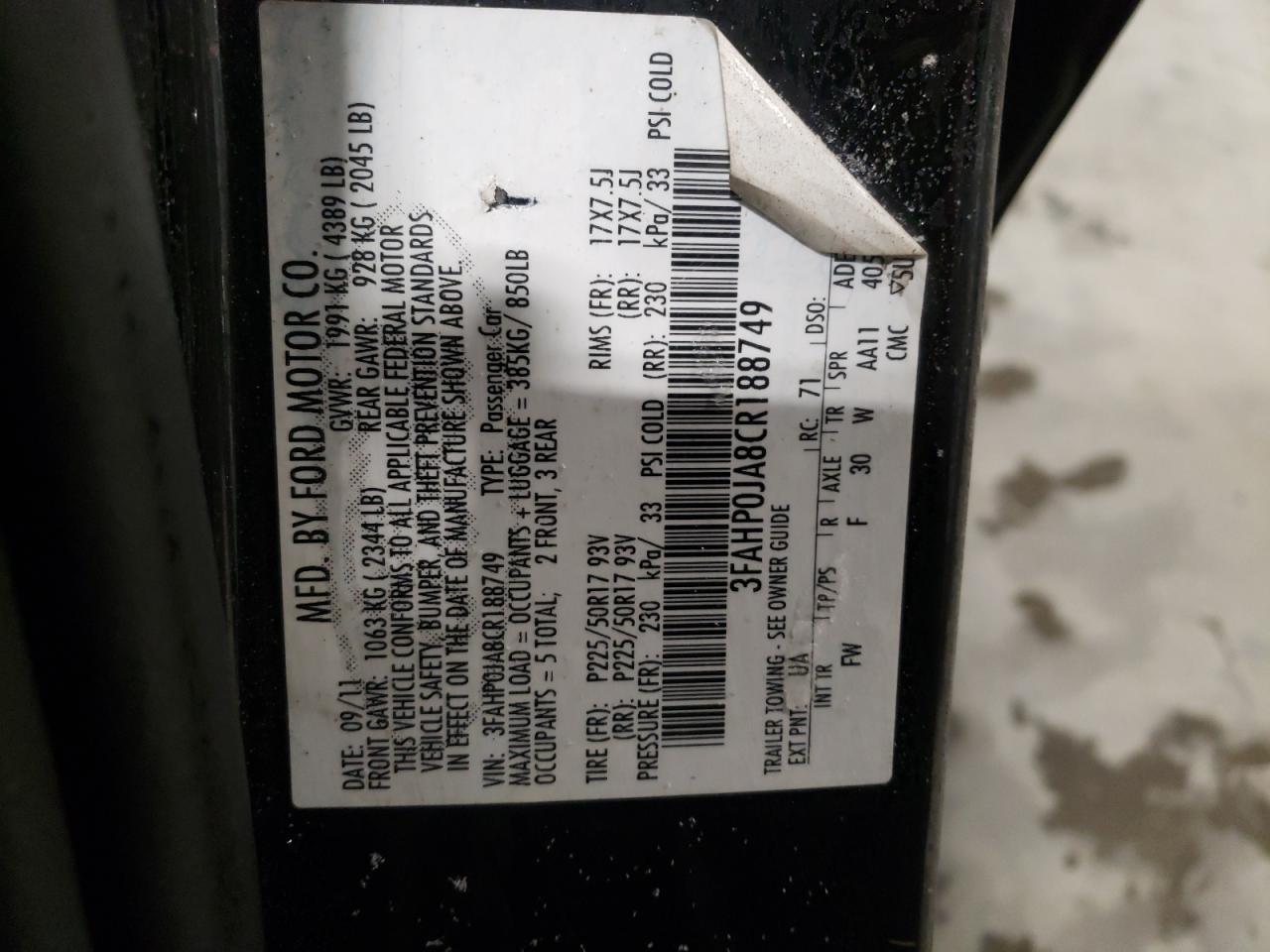 Photo 10 from auction – 2012 FORD FUSION SEL with VIN 3FAHP0JA8CR188749