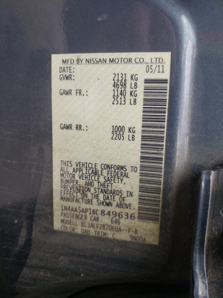 Photo 10 from auction – 2011 NISSAN MAXIMA S with VIN 1N4AA5AP1BC849636