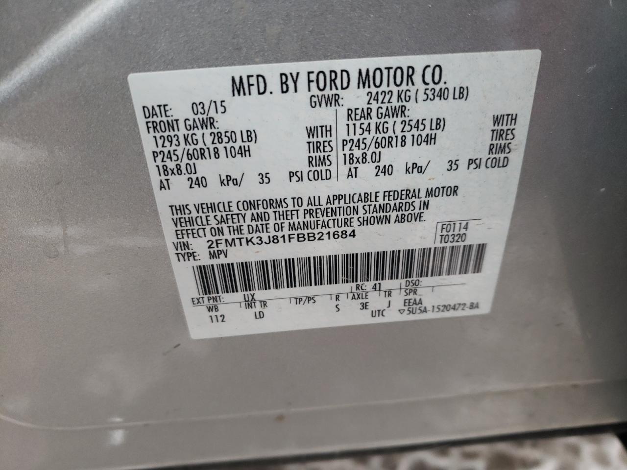 Photo 10 from auction – 2015 FORD EDGE SEL with VIN 2FMTK3J81FBB21684