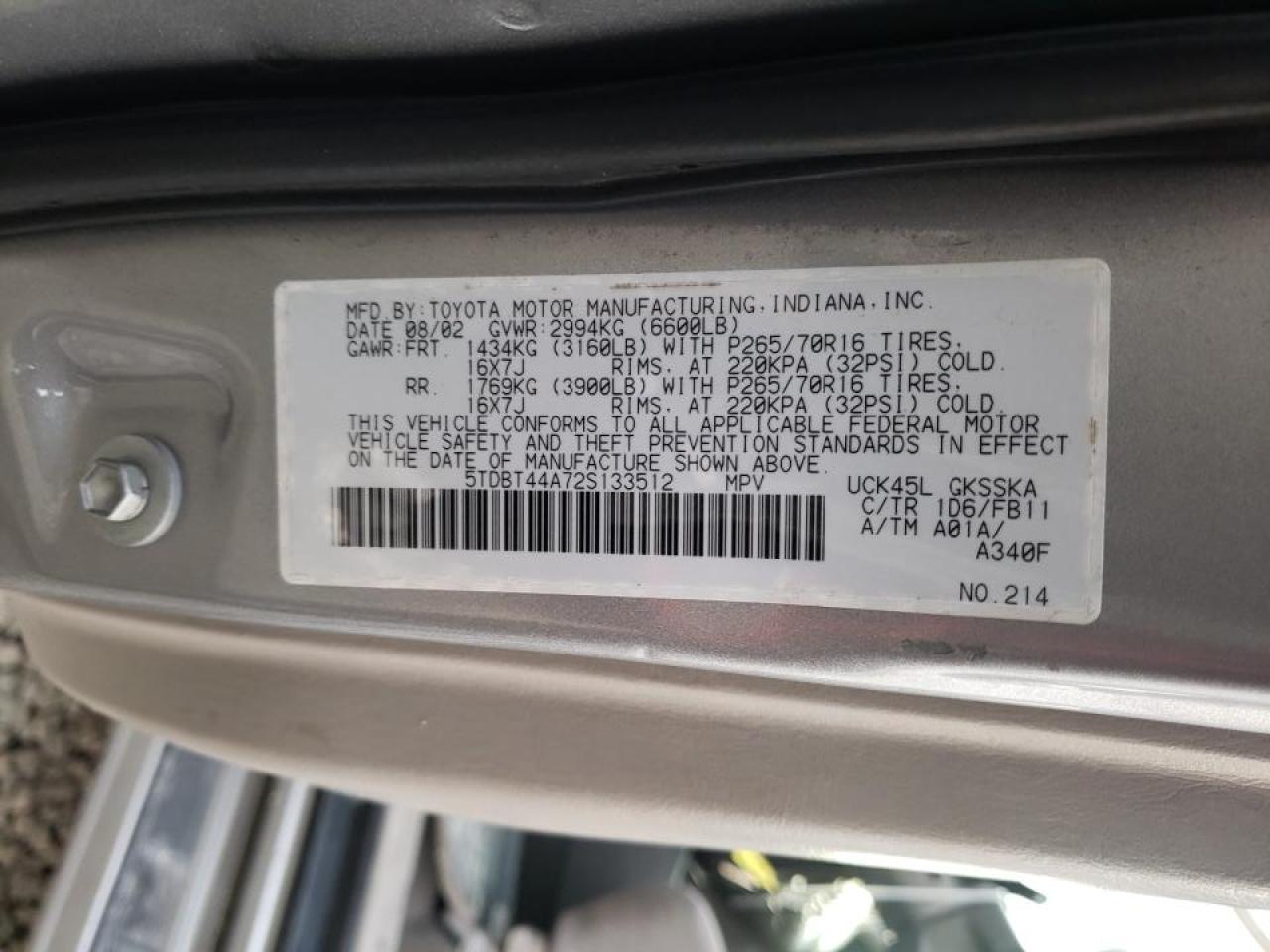 Photo 10 from auction – 2002 TOYOTA SEQUOIA SR with VIN 5TDBT44A72S133512