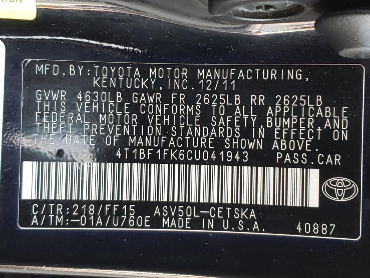 Photo 10 from auction – 2012 TOYOTA CAMRY BASE with VIN 4T1BF1FK6CU041943
