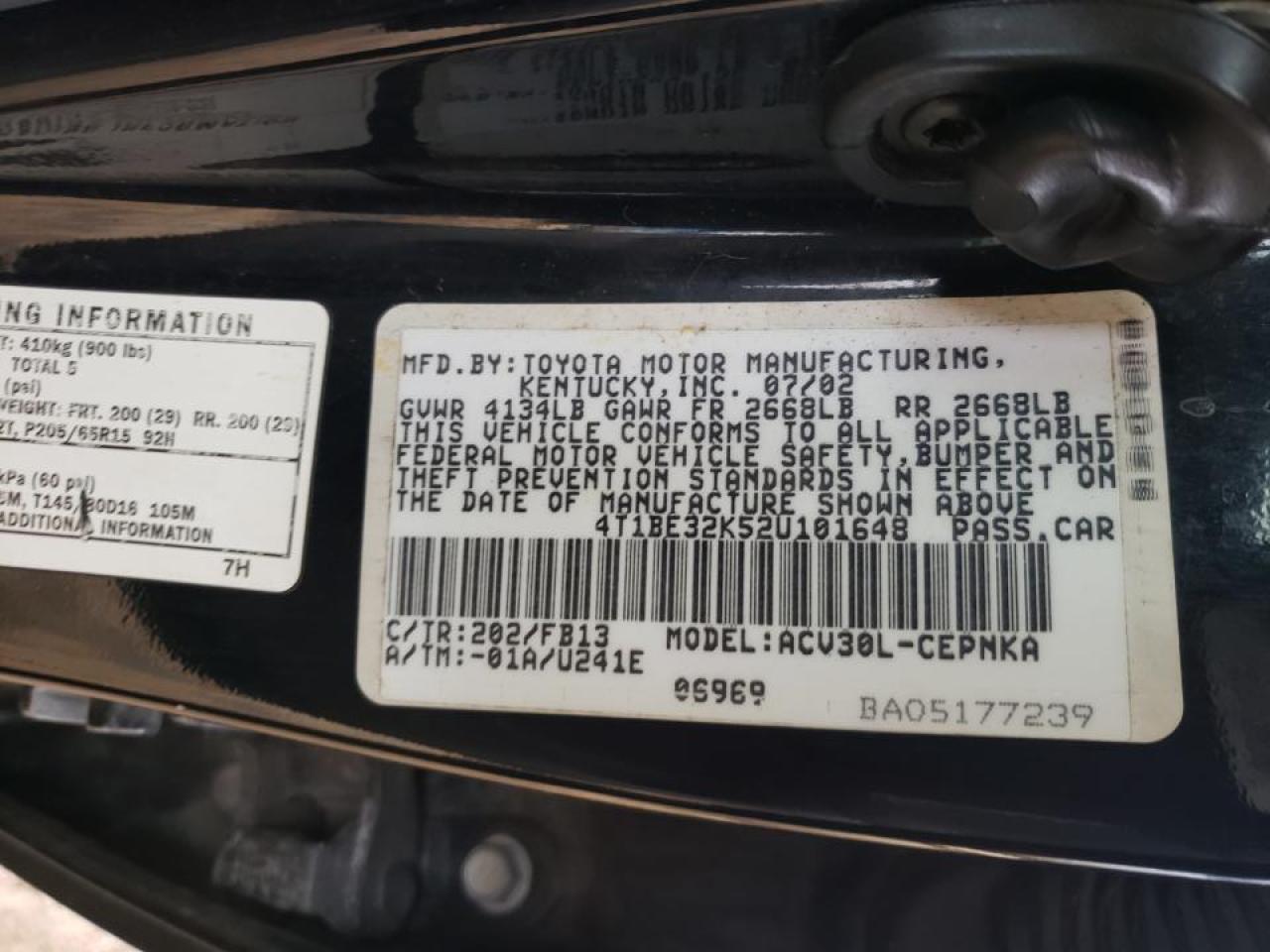 Photo 10 from auction – 2002 TOYOTA CAMRY LE with VIN 4T1BE32K52U101648