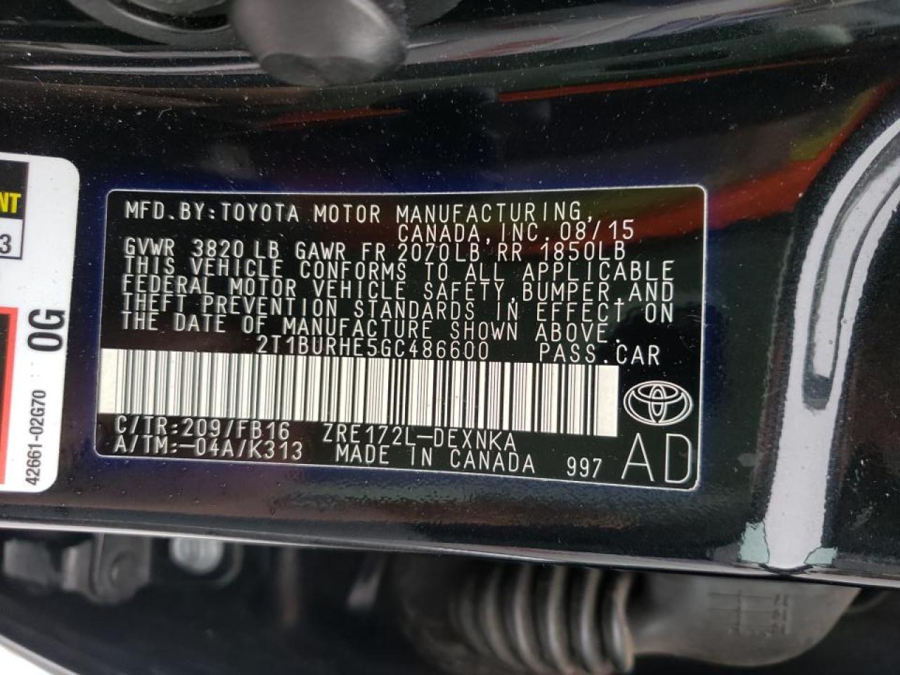 Photo 10 from auction – 2016 TOYOTA COROLLA L with VIN 2T1BURHE5GC486600
