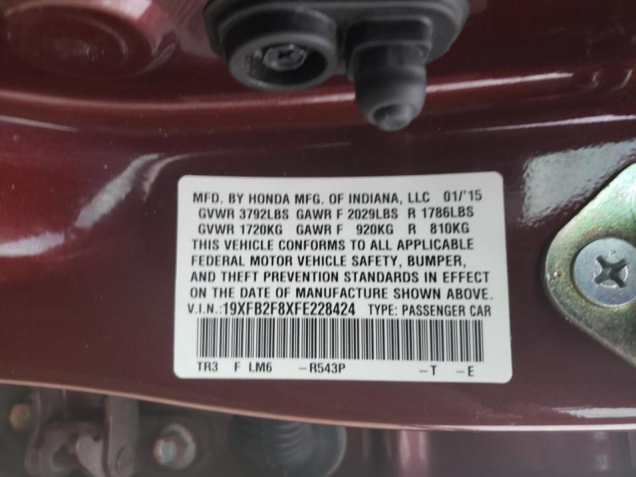 Photo 10 from auction – 2015 HONDA CIVIC EX with VIN 19XFB2F8XFE228424