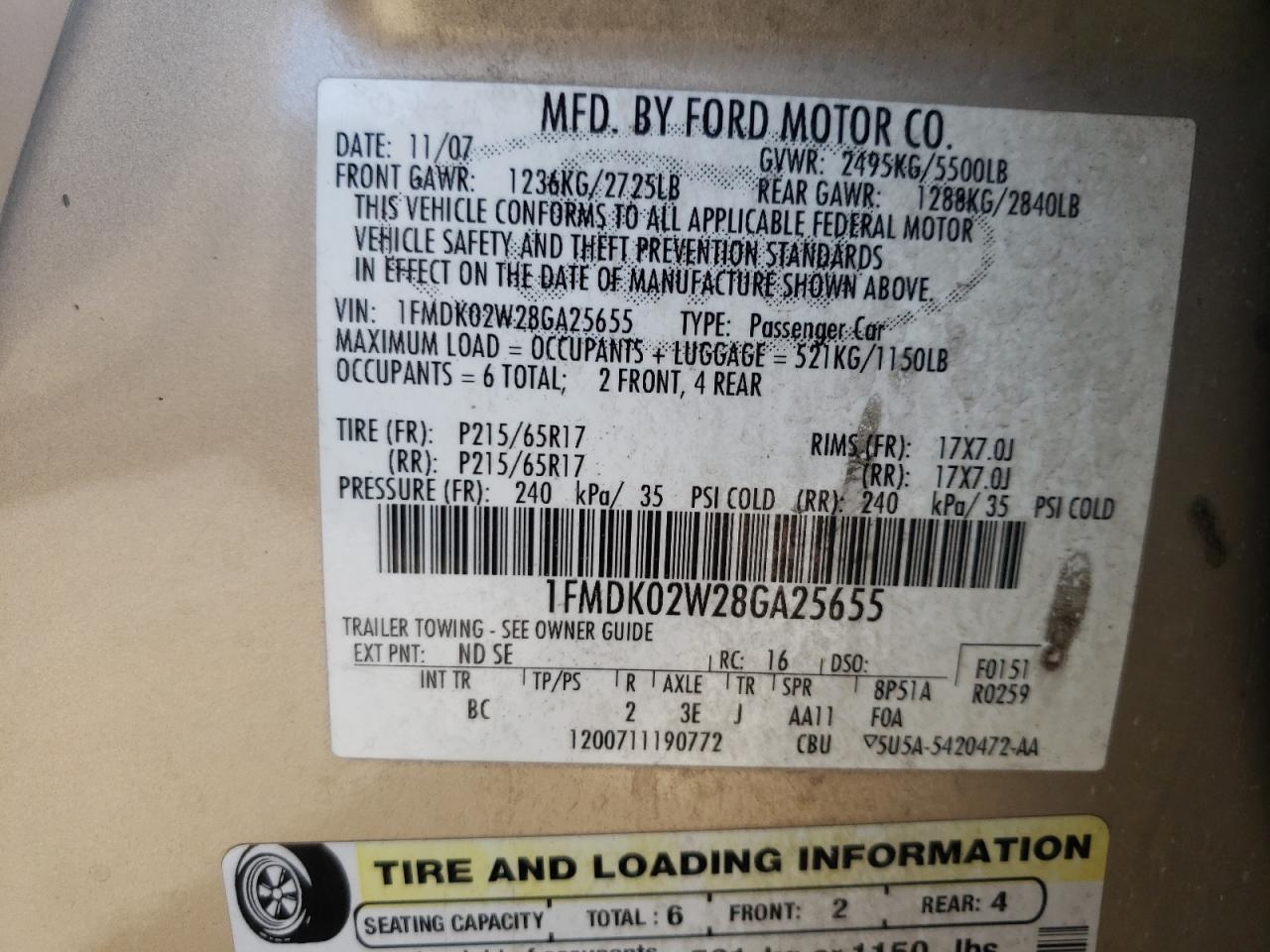 Photo 10 from auction – 2008 FORD TAURUS X S with VIN 1FMDK02W28GA25655