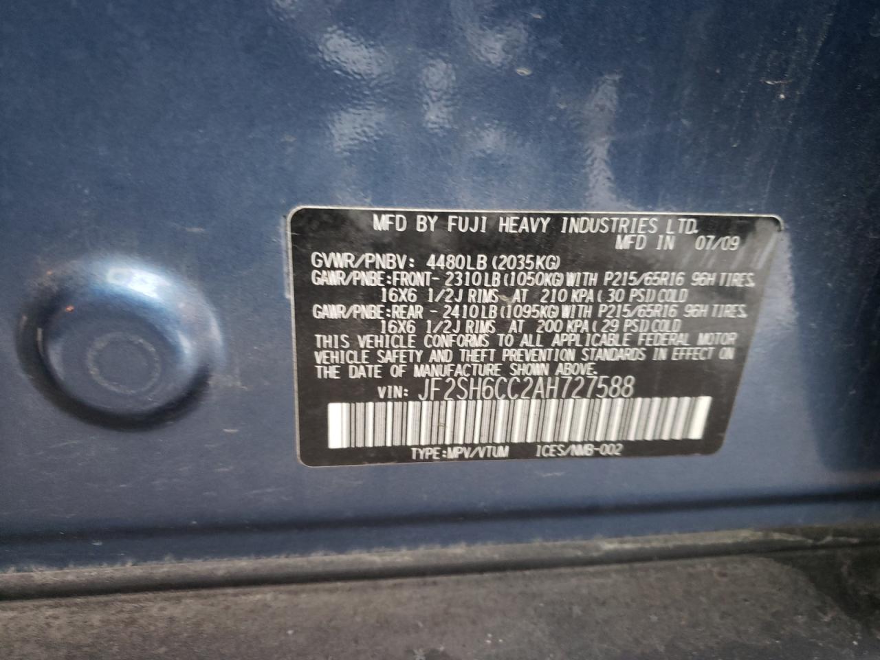 Photo 10 from auction – 2010 SUBARU FORESTER 2 with VIN JF2SH6CC2AH727588