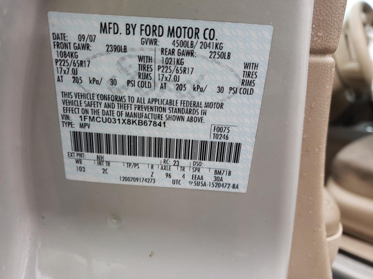 Photo 10 from auction – 2008 FORD ESCAPE XLT with VIN 1FMCU031X8KB67841