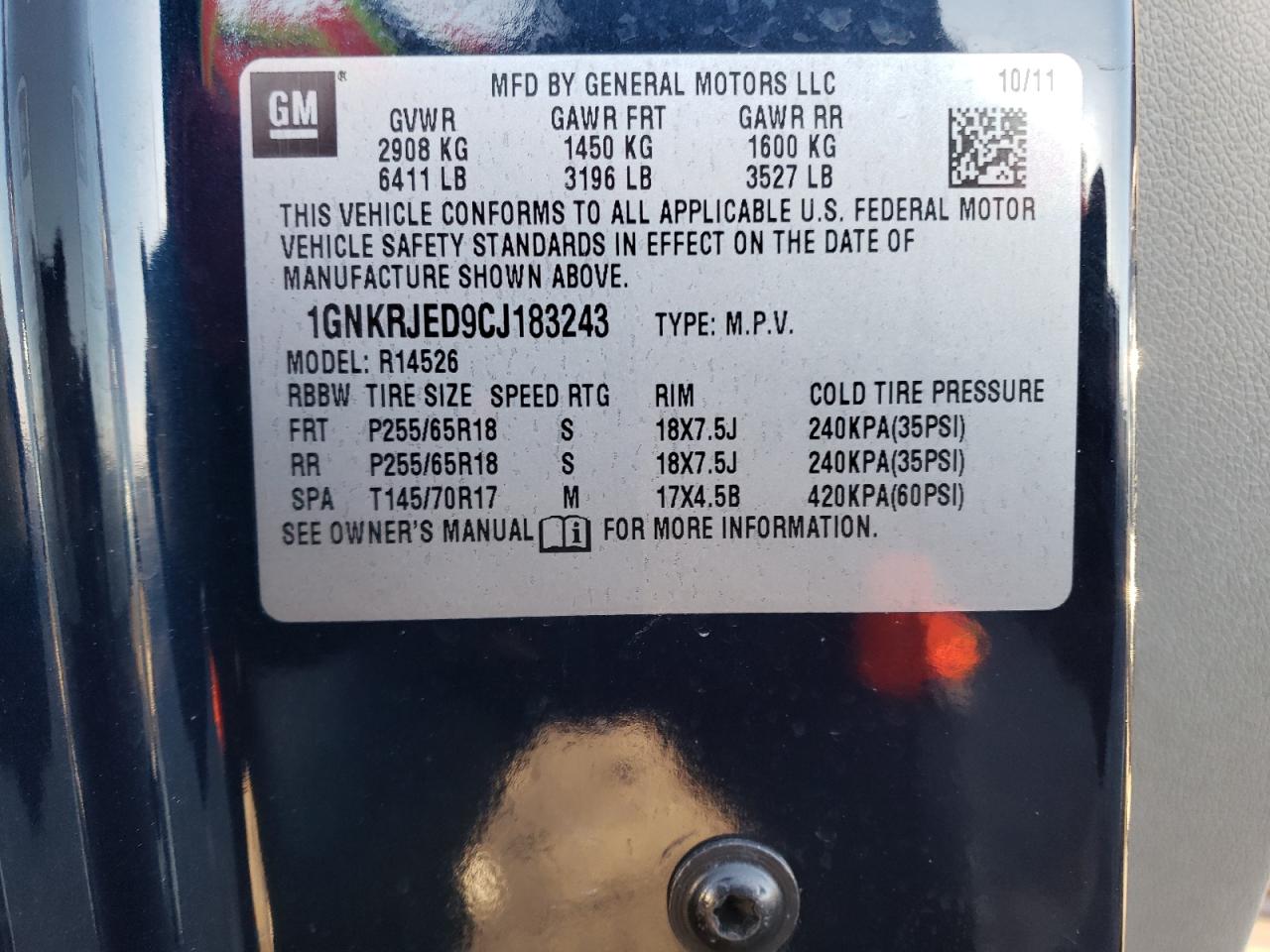Photo 10 from auction – 2012 CHEVROLET TRAVERSE L with VIN 1GNKRJED9CJ183243