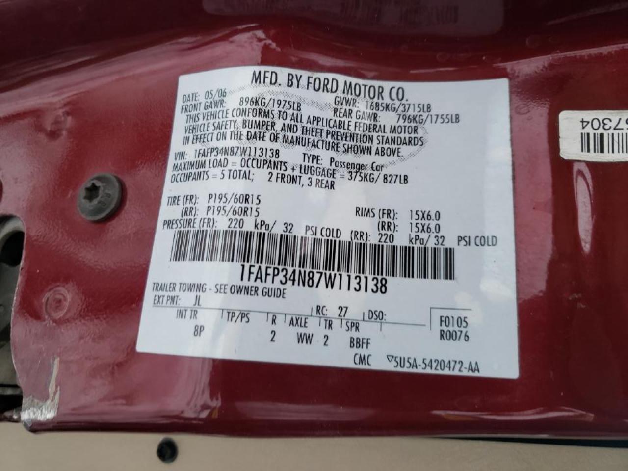 Photo 10 from auction – 2007 FORD FOCUS with VIN 1FAFP34N87W113138