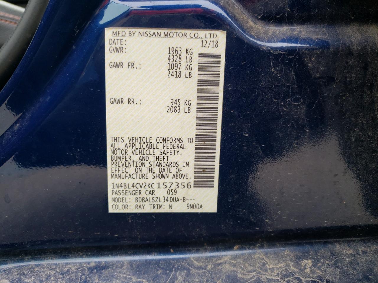 Photo 10 from auction – 2019 NISSAN ALTIMA SR with VIN 1N4BL4CV2KC157356