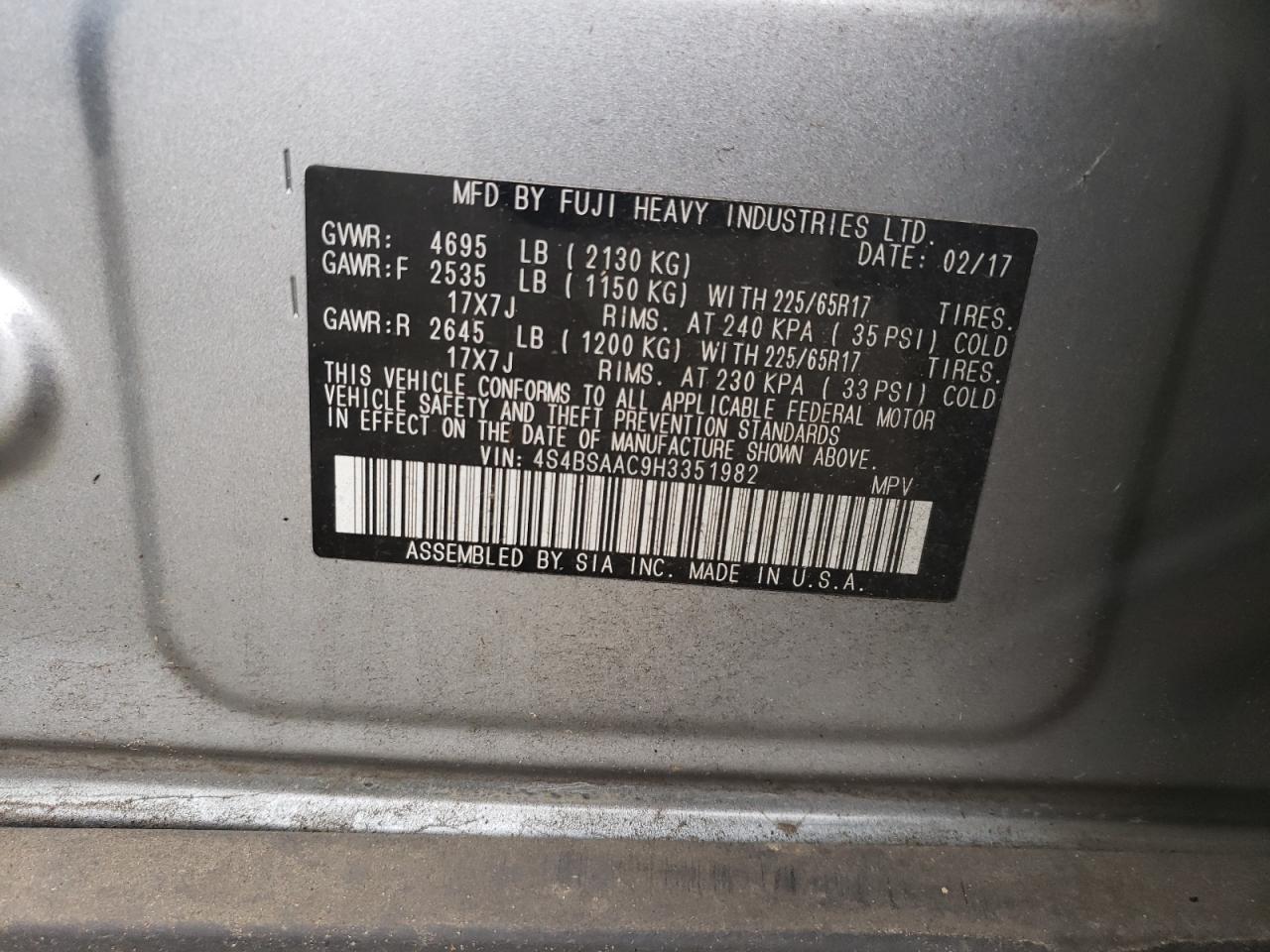 Снимка 10 от търг – 2017 SUBARU OUTBACK 2. с VIN 4S4BSAAC9H3351982