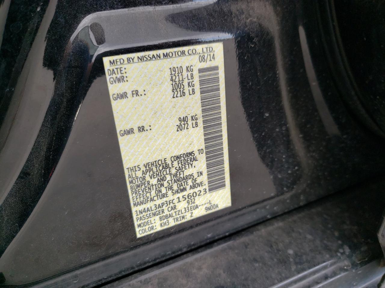 Photo 10 from auction – 2015 NISSAN ALTIMA 2.5 with VIN 1N4AL3AP3FC156023