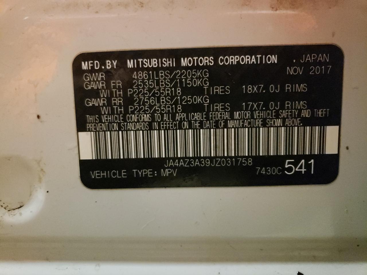 Photo 10 from auction – 2018 MITSUBISHI OUTLANDER with VIN JA4AZ3A39JZ031758