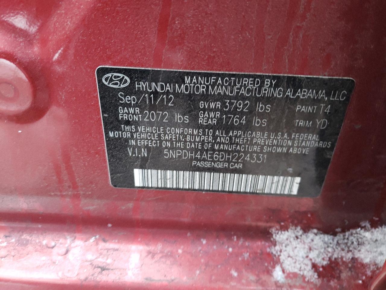 Photo 10 from auction – 2013 HYUNDAI ELANTRA GL with VIN 5NPDH4AE6DH224331