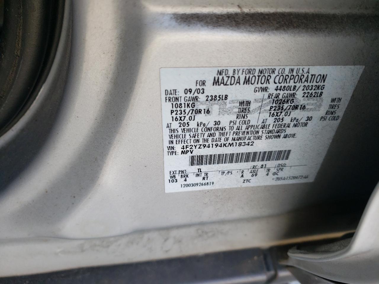 Photo 10 from auction – 2004 MAZDA TRIBUTE LX with VIN 4F2YZ94194KM18342