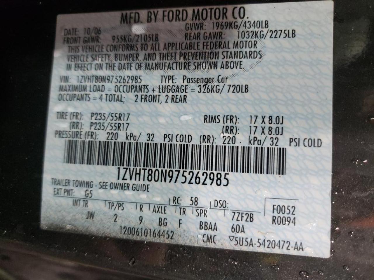 Photo 10 from auction – 2007 FORD MUSTANG with VIN 1ZVHT80N975262985