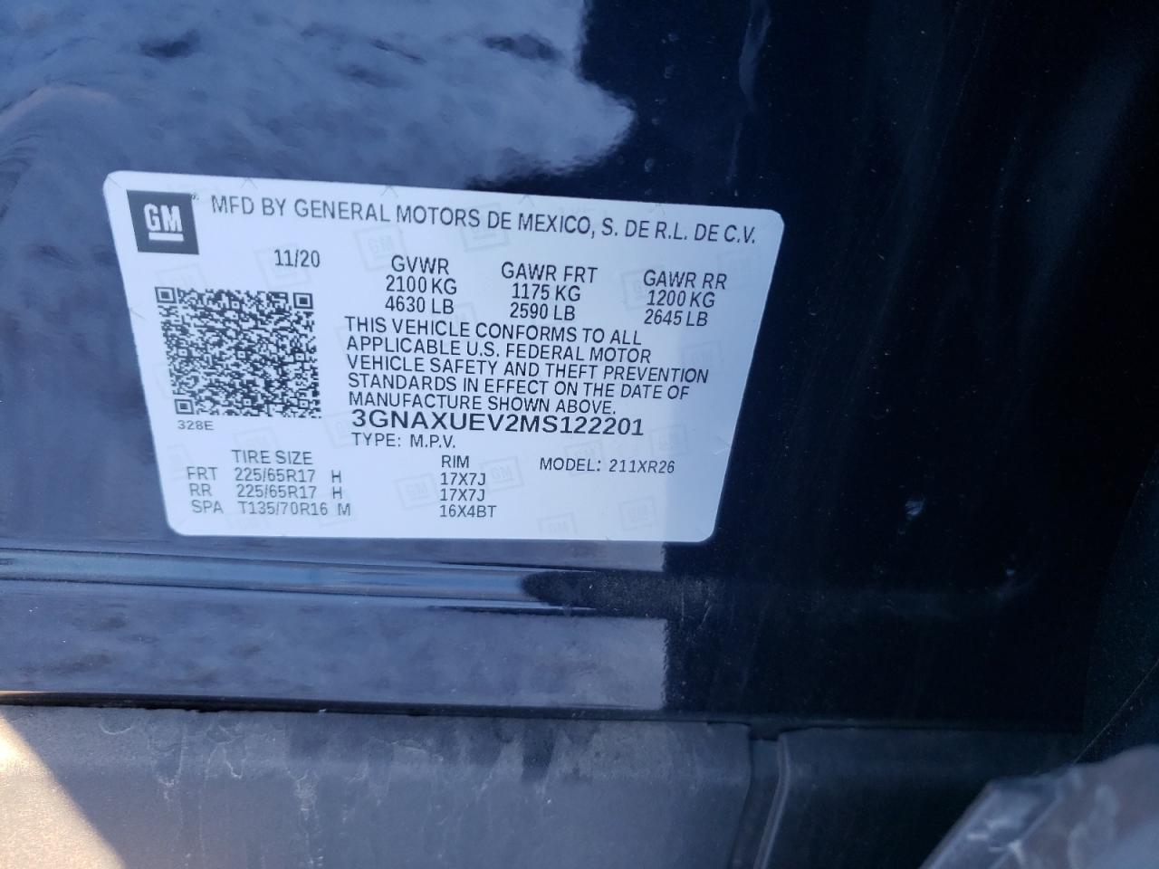 Photo 10 from auction – 2021 CHEVROLET EQUINOX LT with VIN 3GNAXUEV2MS122201