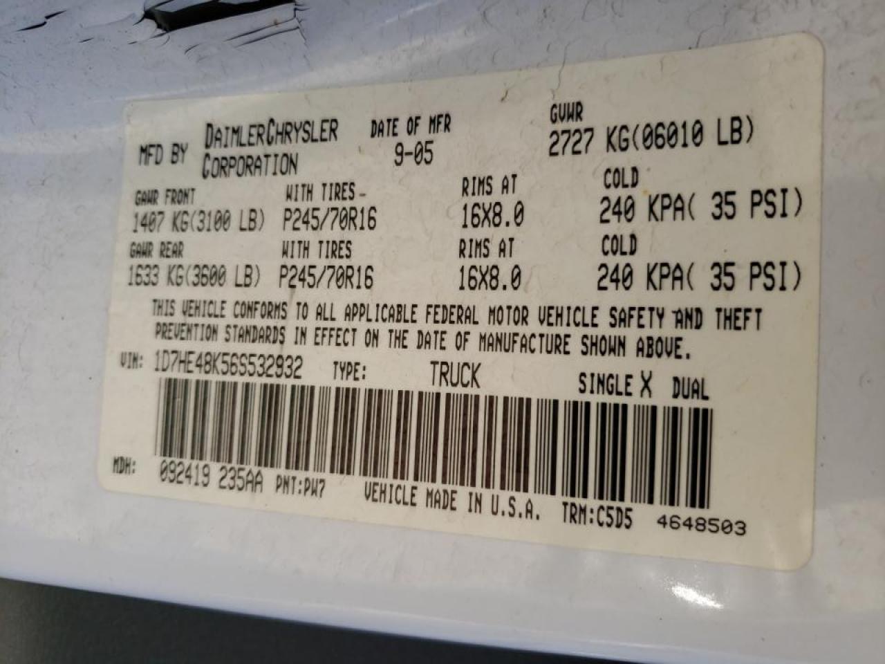 Photo 10 from auction – 2006 DODGE DAKOTA QUA with VIN 1D7HE48K56S532932