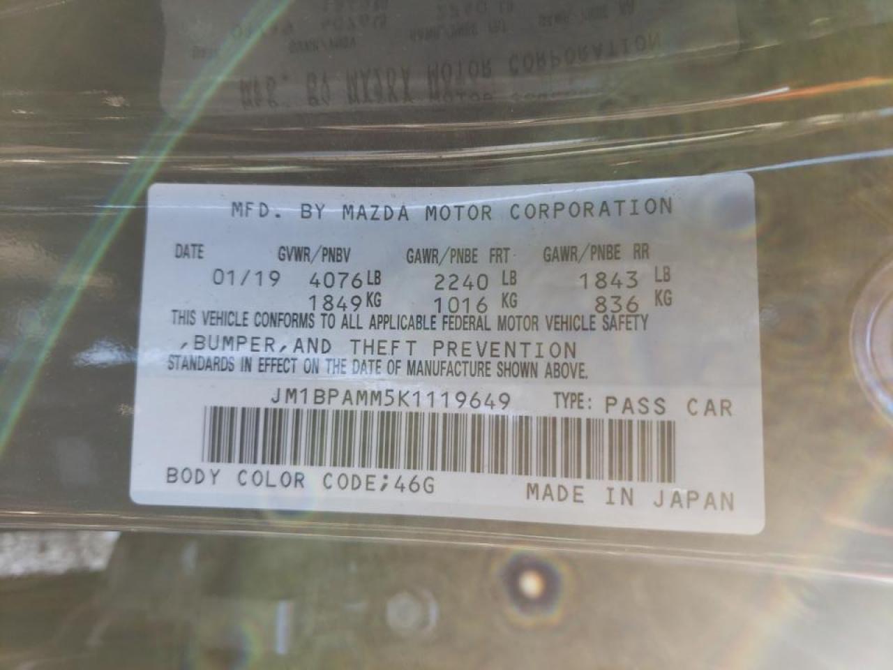 Photo 10 from auction – 2019 MAZDA 3 PREFERRE with VIN JM1BPAMM5K1119649