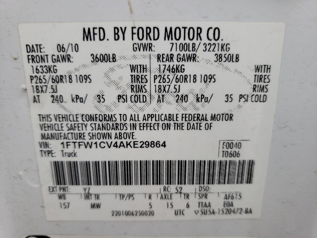 Photo 10 from auction – 2010 FORD F150 SUPER with VIN 1FTFW1CV4AKE29864