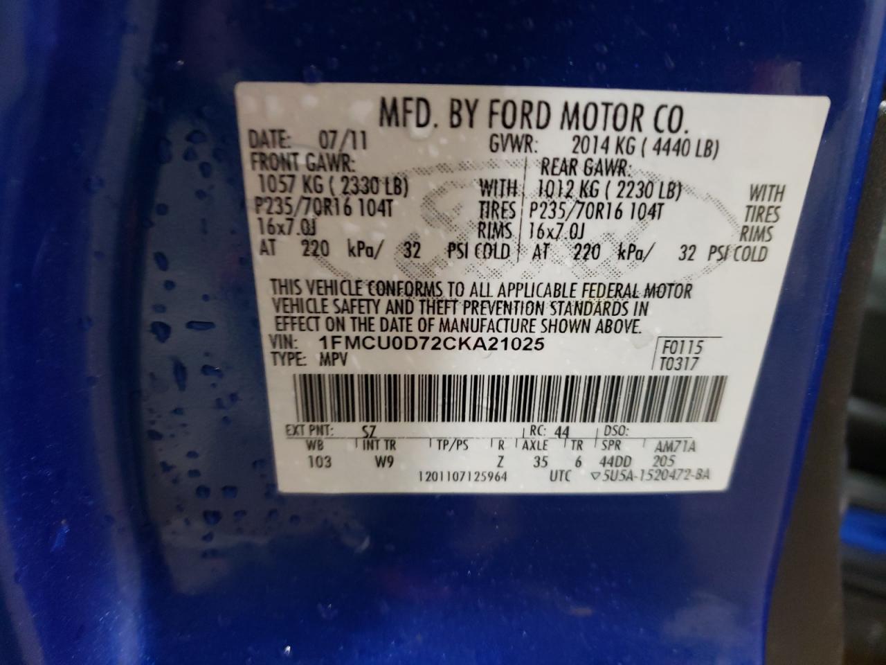 Photo 10 from auction – 2012 FORD ESCAPE XLT with VIN 1FMCU0D72CKA21025