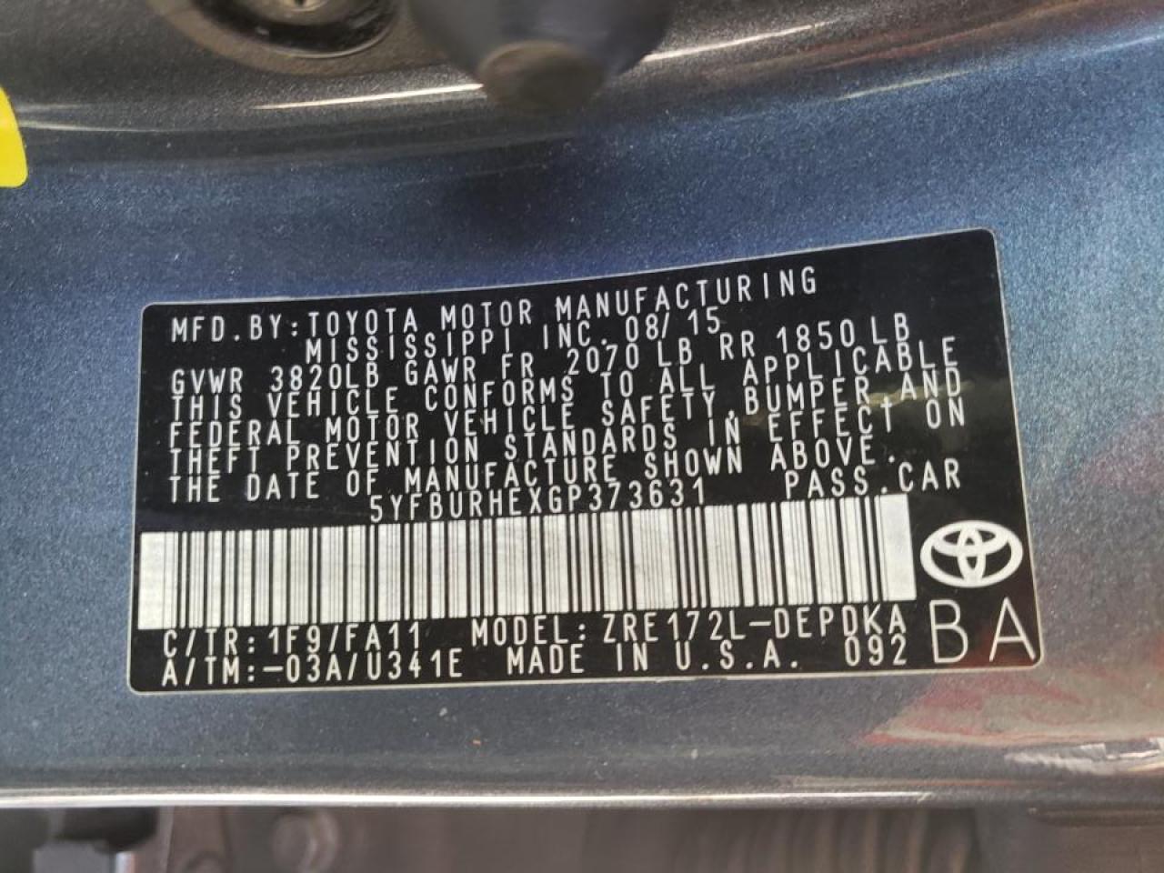 Photo 10 from auction – 2016 TOYOTA COROLLA L with VIN 5YFBURHEXGP373631