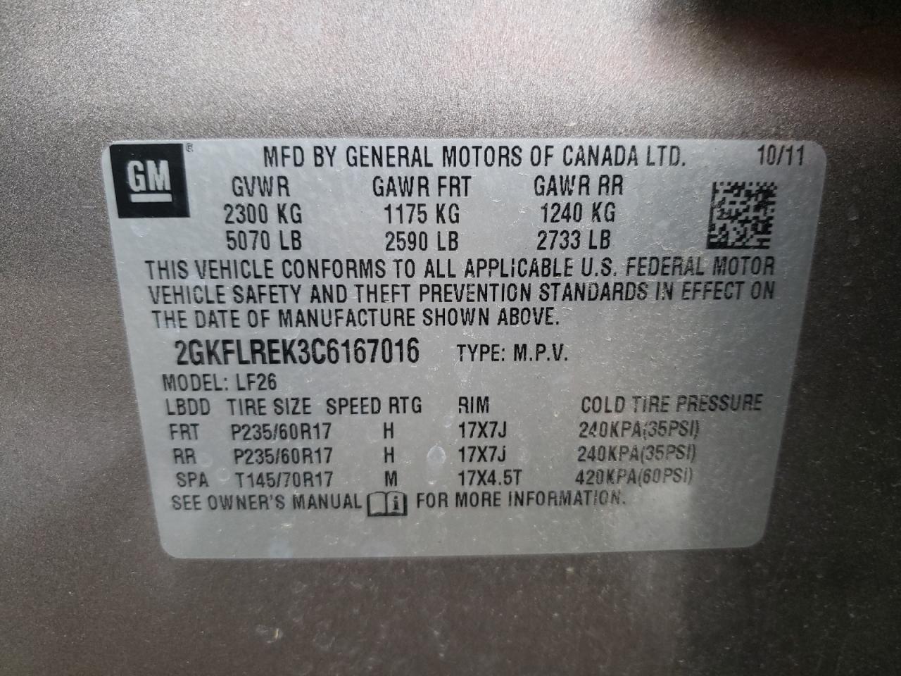 Photo 10 from auction – 2012 GMC TERRAIN SL with VIN 2GKFLREK3C6167016