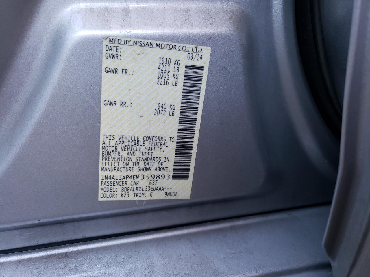 Photo 10 from auction – 2014 NISSAN ALTIMA 2.5 with VIN 1N4AL3AP4EN359893